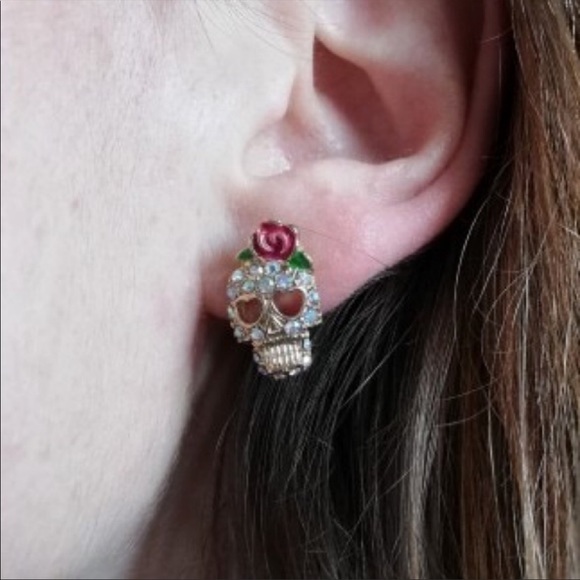 Calavera Sugar Skull Crystal Earrings - Picture 3 of 3